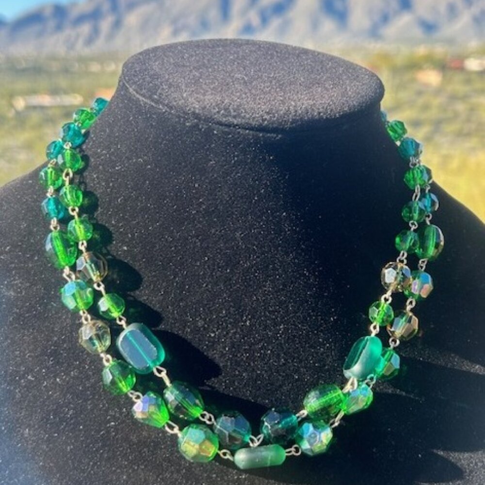 WESTERN GERMANY 2-Strand GREEN/TEAL Faceted Glass Beaded NECKLACE